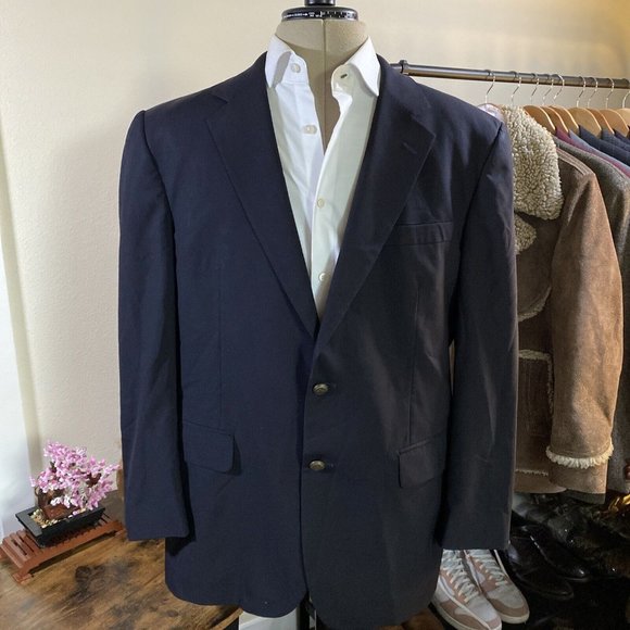 VTG JOS A BANK 100% WOOL Metal Buttons Suit Jacket Blazer Mens 42R Navy Preppy - Picture 1 of 11